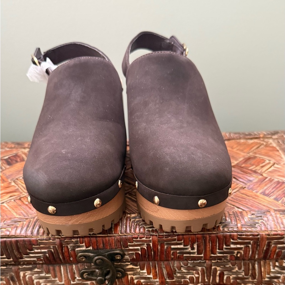 SUGAR Claudia Gold Studded Brown Faux Suede Slingback Heeled Clogs-Size 6M - Picture 5 of 10